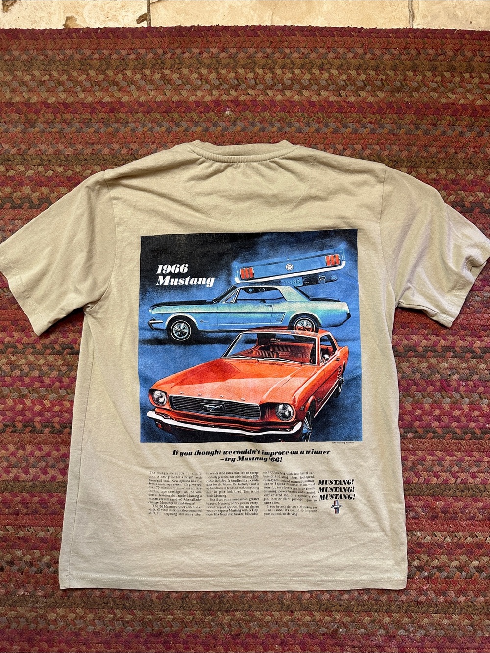 Ford MUSTANG VTG AD Short Sleeve Crewneck T-Shirt in Beige with Light Blue Logo